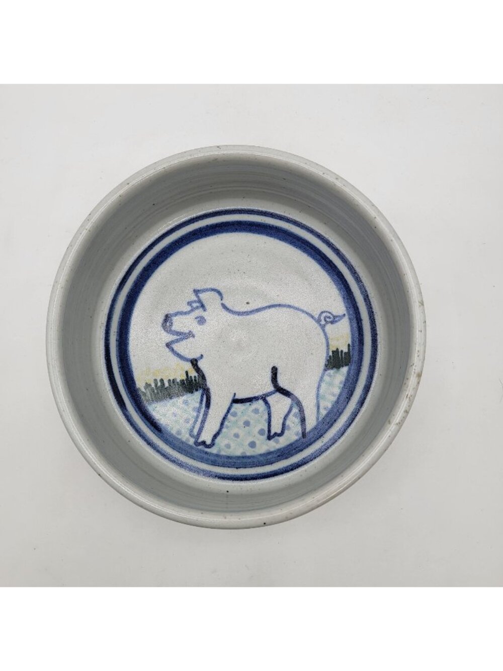 Vintage Signed Stoneware Pottery Dish Bowl With Pig Design - Picture 1 of 6